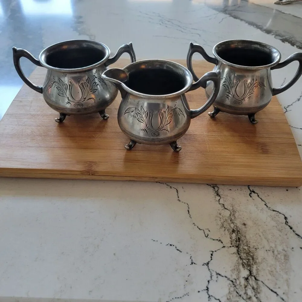 Vintage Beacon Silver Taunton Mass Quadruple Set of 3. Cream white brown sugar